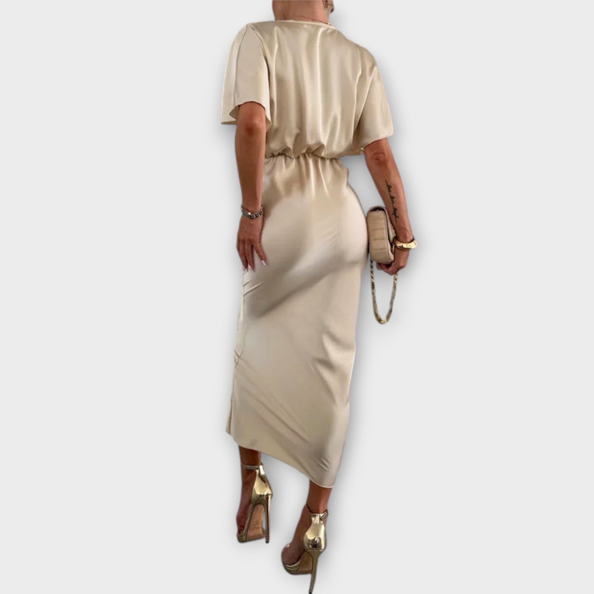 Sable - Solide Satin V-hals Knoop Slim Fit Maxi Jurk