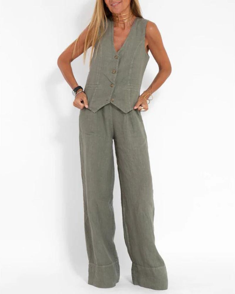 MELIA - Chic Mouwloos Set en Broek Met Wijde Pijpen