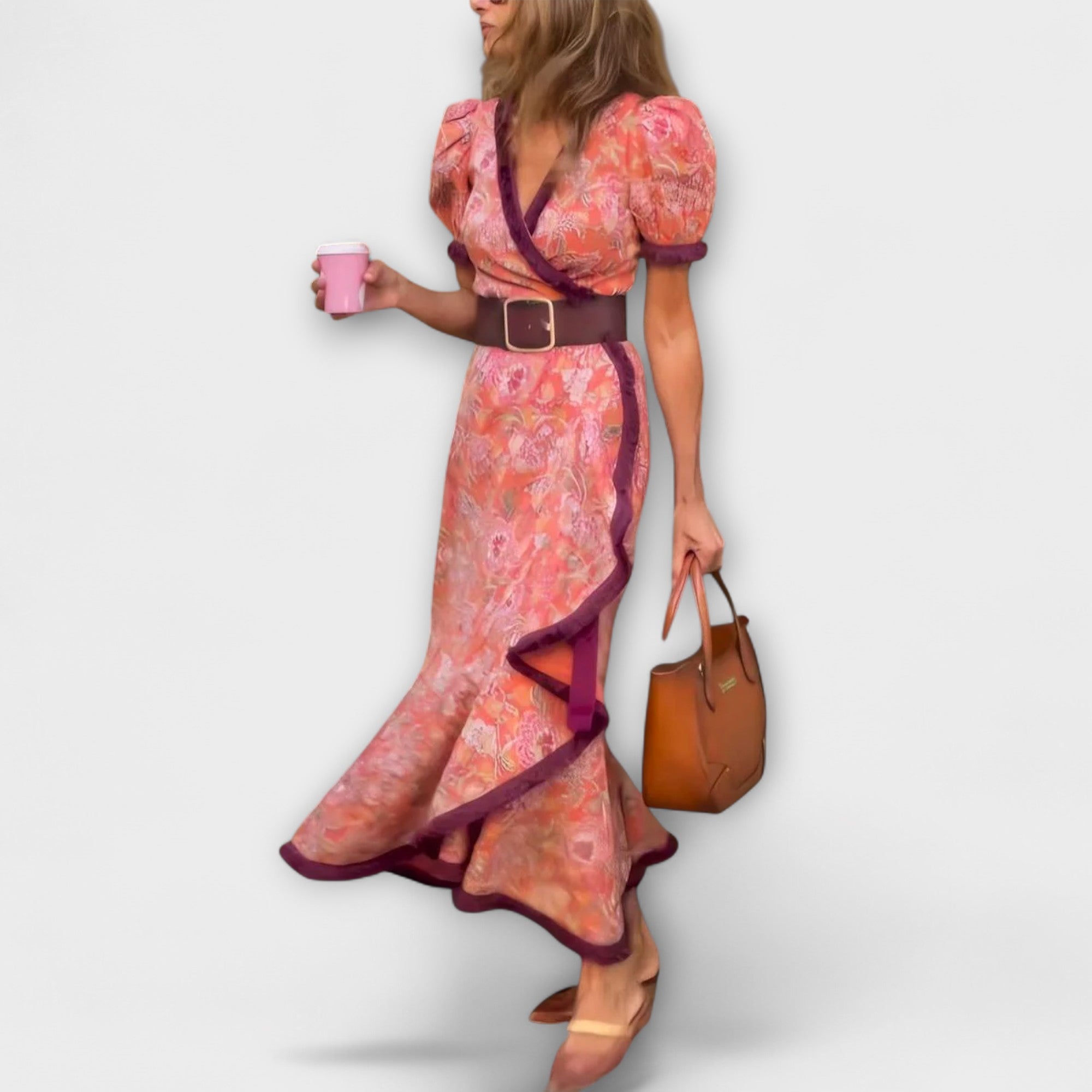 Elegante Roze Maxi-jurk met Korte Mouwen