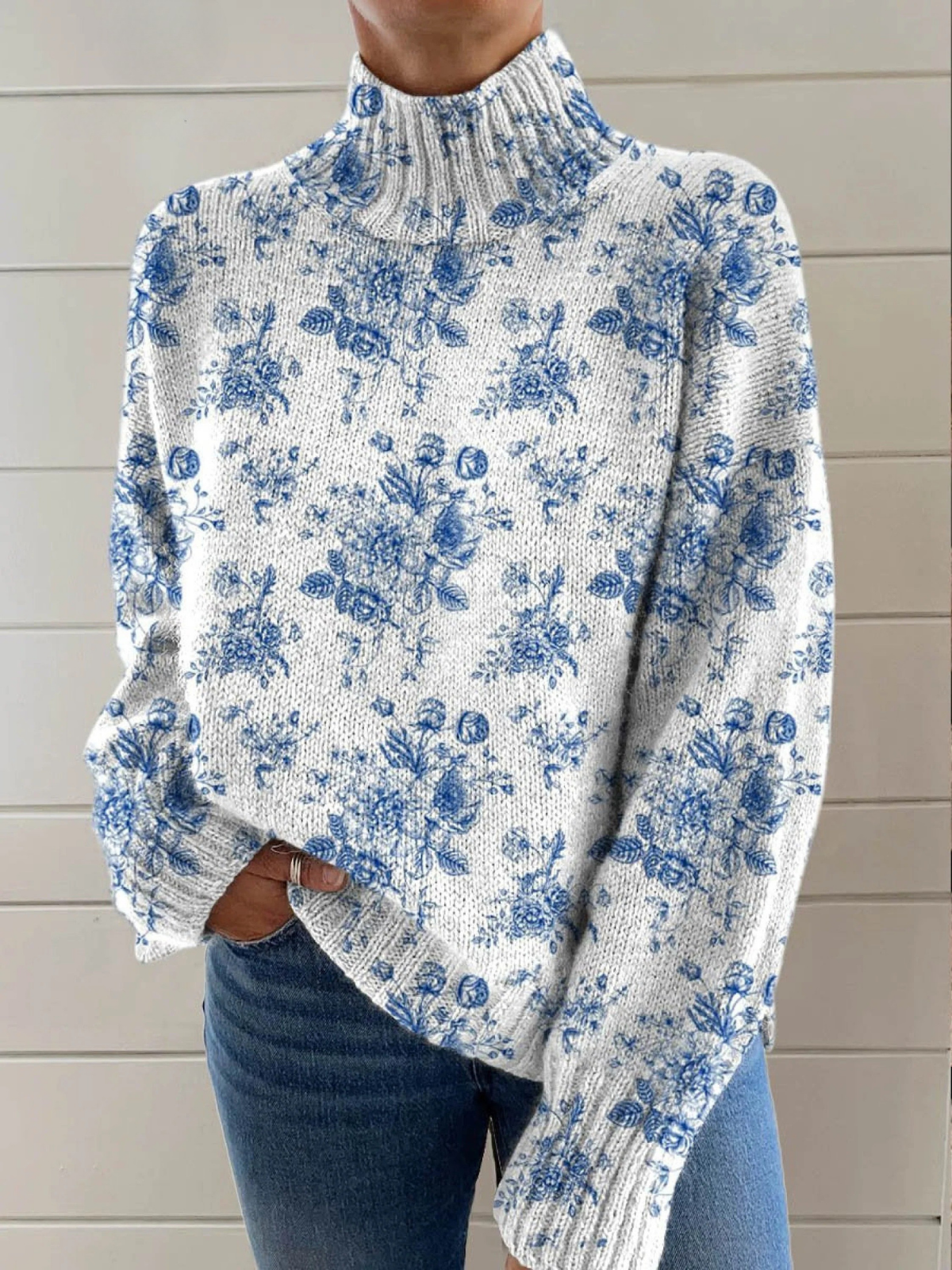 Calvine | Blå Blomma Turtleneck Tröja