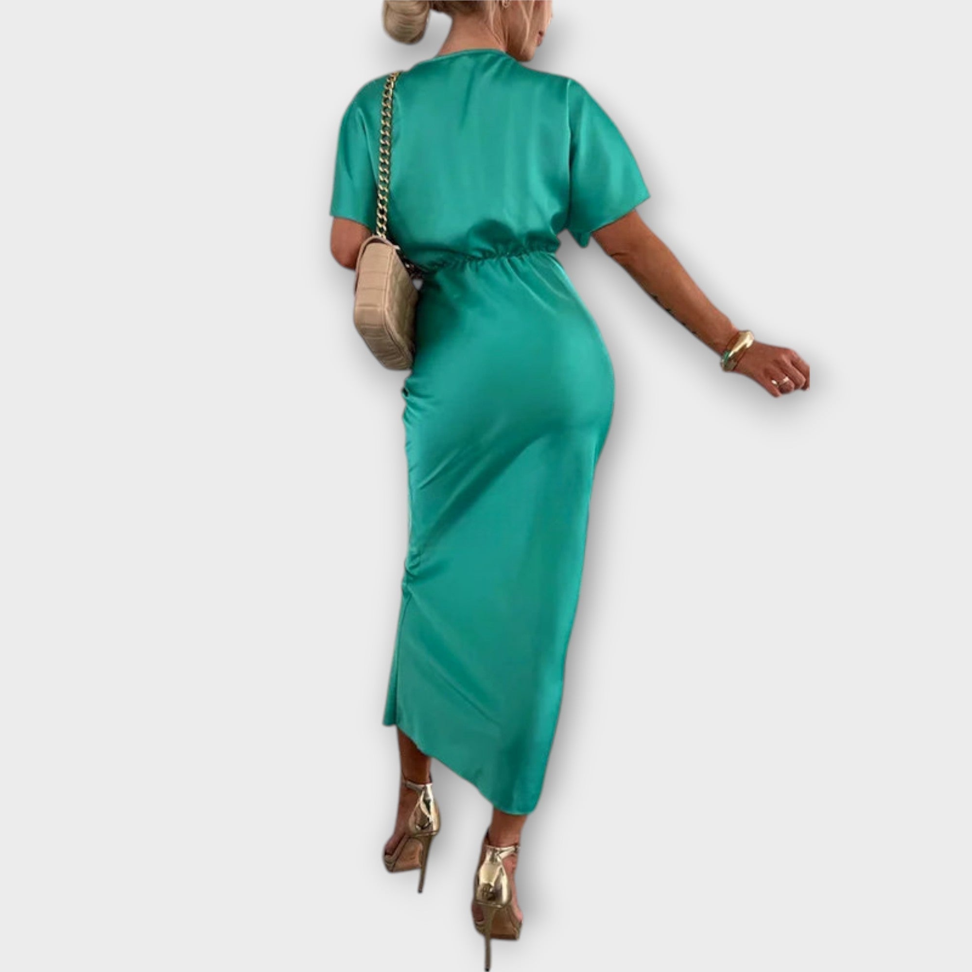 Sable - Solide Satin V-hals Knoop Slim Fit Maxi Jurk