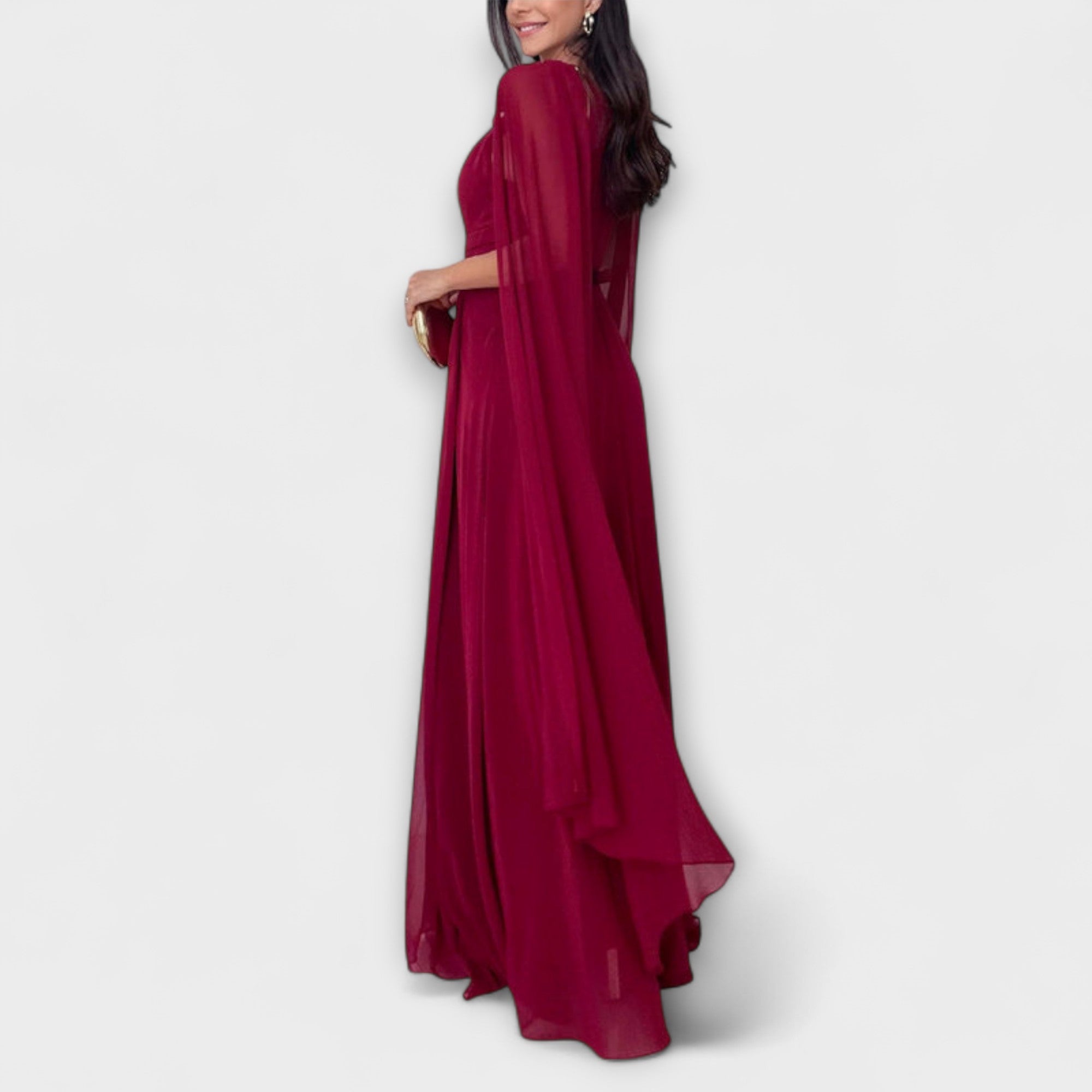 Mabel - Elegante Maxijurk met Cape-Mouwen en Hoge Splits