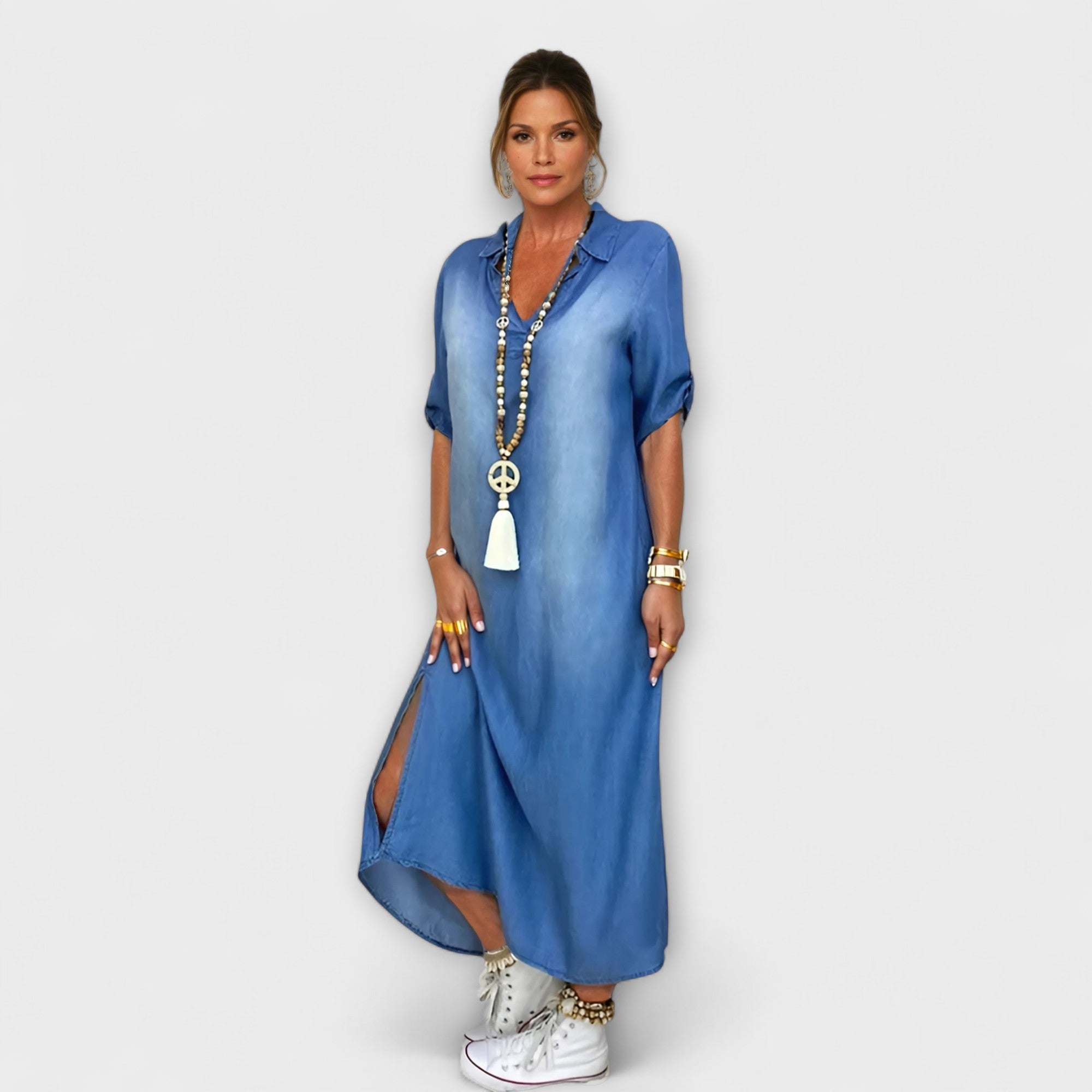 Lea - Lange Denim-Look Jurk met Zijsplit