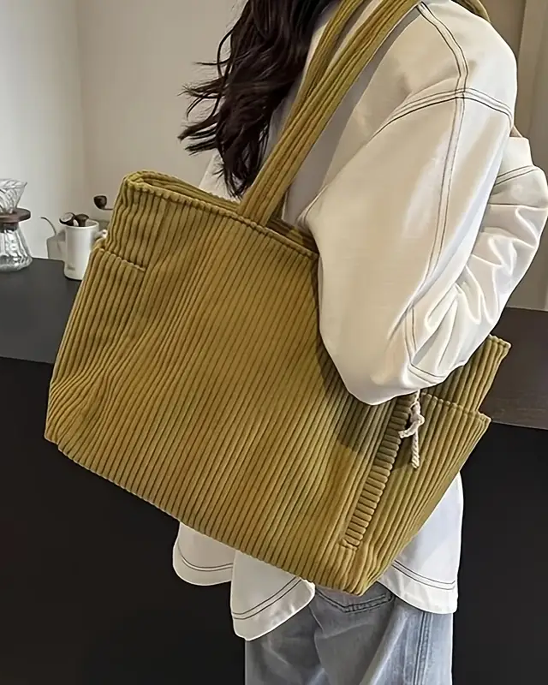 Tilda™ - Geribde draagtas met koorddetail