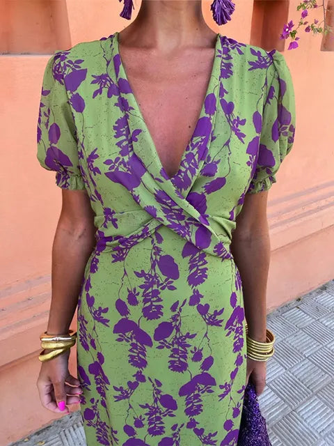 Lucinda - Boho V-Hals Bloemen Plissé Jurk
