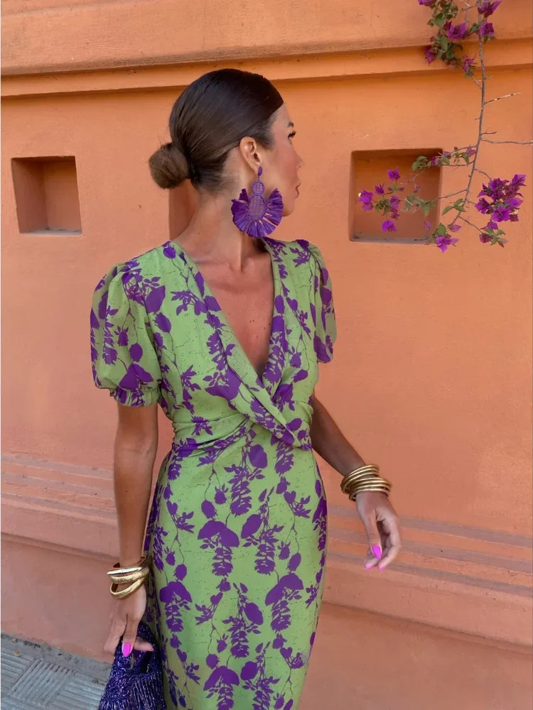 Lucinda - Boho V-Hals Bloemen Plissé Jurk