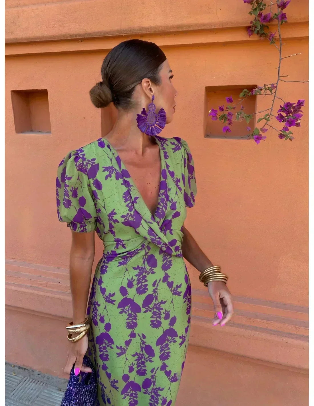 Lucinda - Boho V-Hals Bloemen Plissé Jurk
