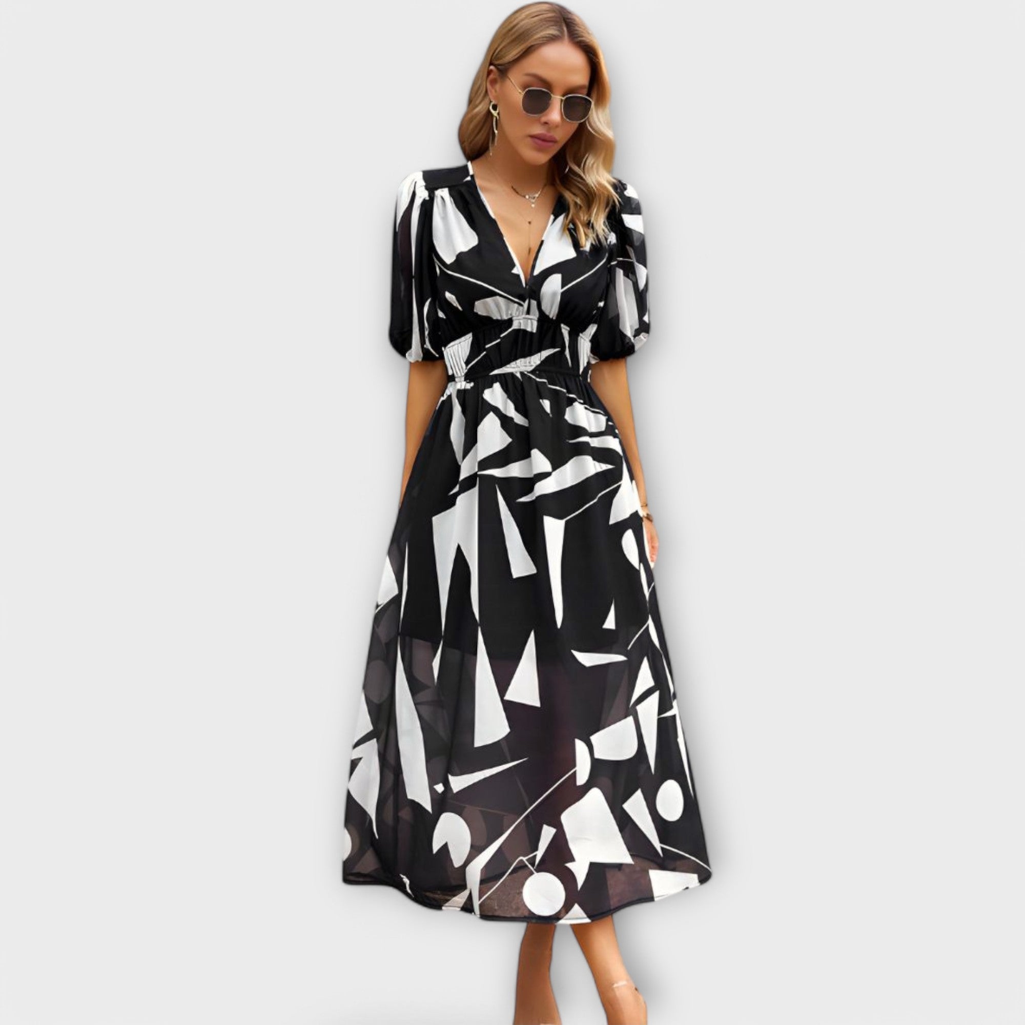 Abstract Maxi-jurk met Puffmouwen