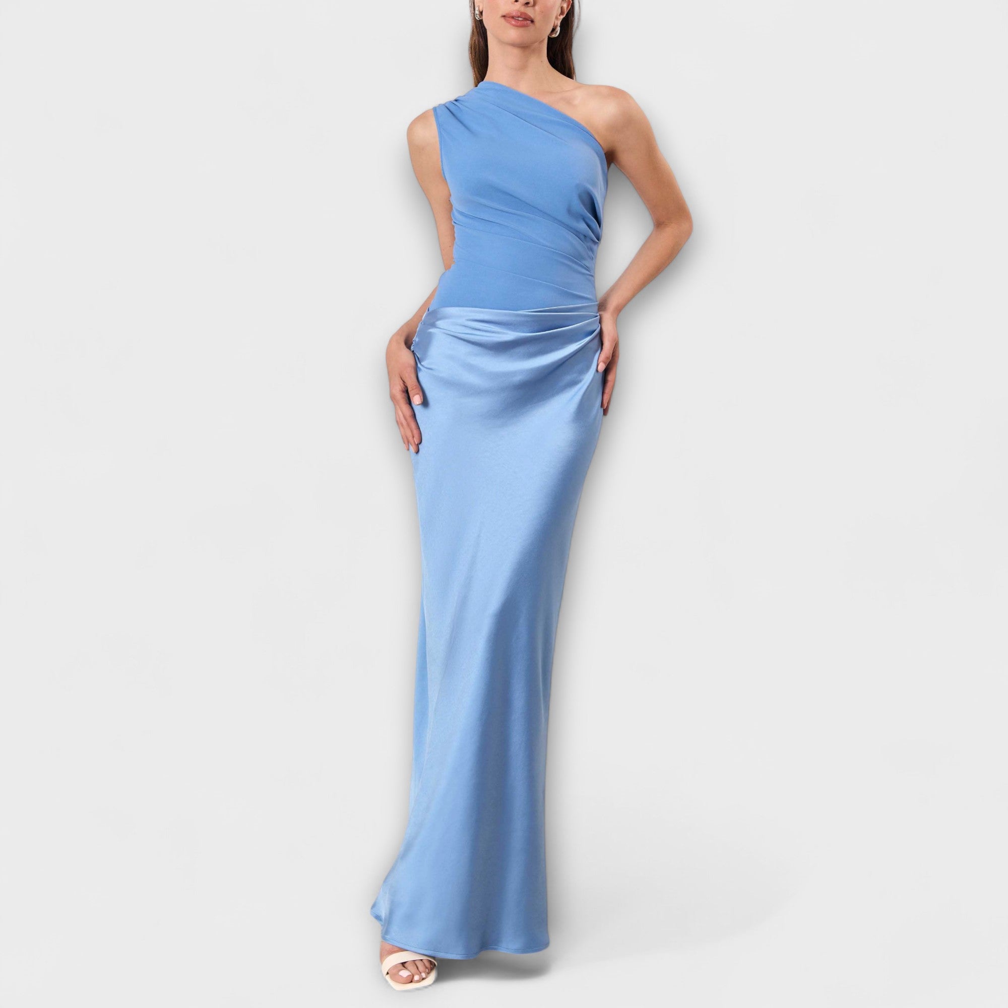 Elegante Eén-Schouder Plissé Maxi Jurk