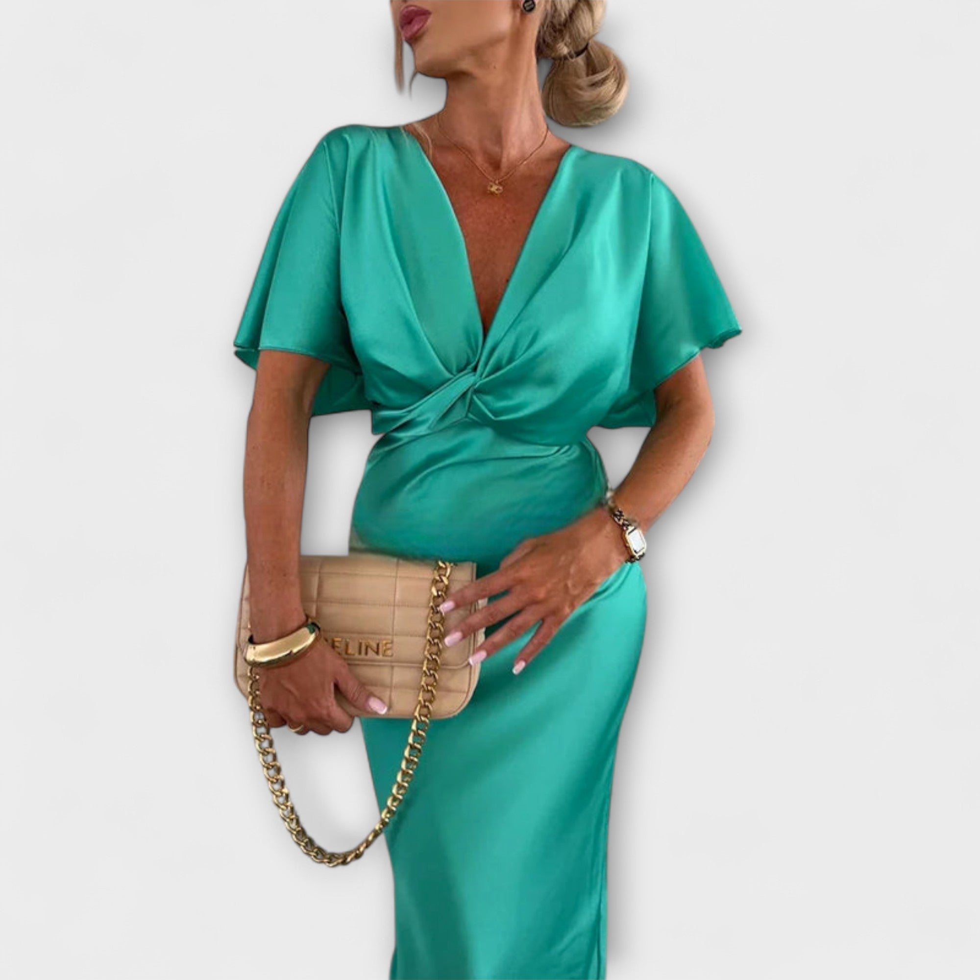 Sable - Solide Satin V-hals Knoop Slim Fit Maxi Jurk