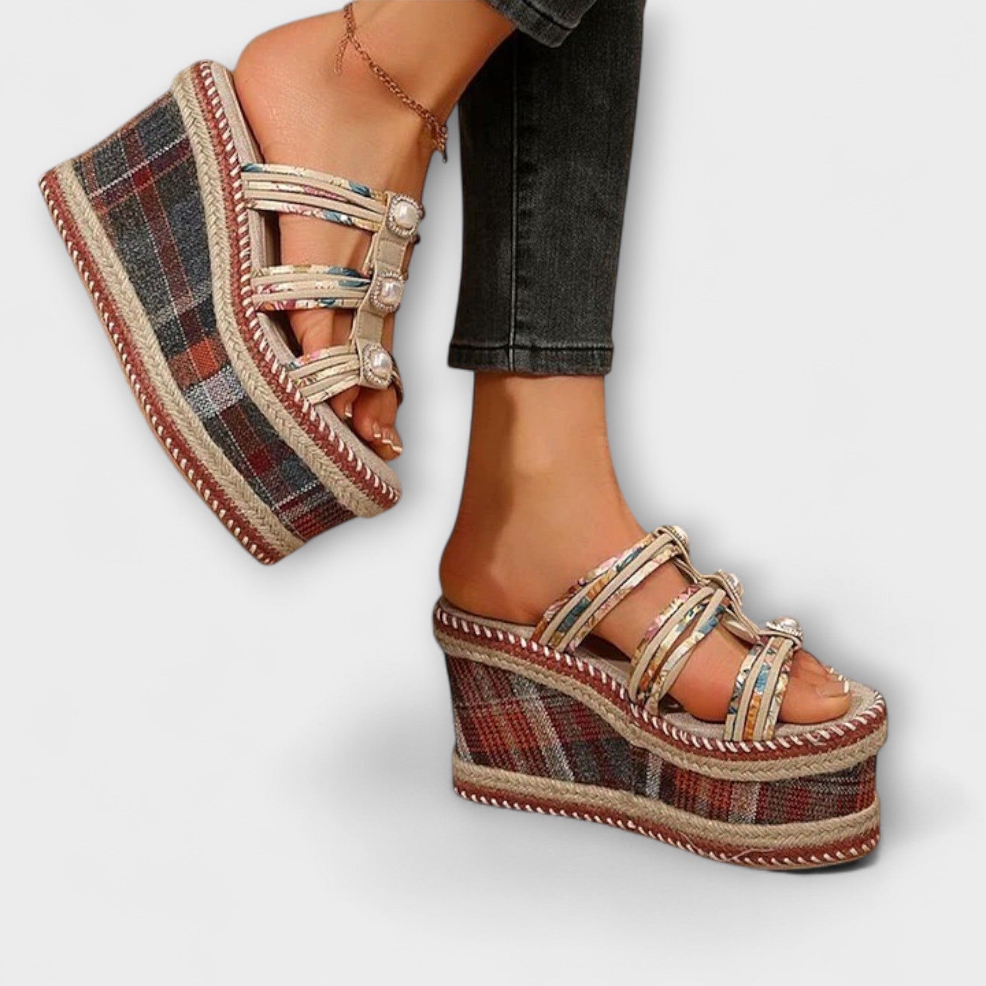 Maria - Ruitpatroon Ronde Neus Comfortabele Wedge Hakken