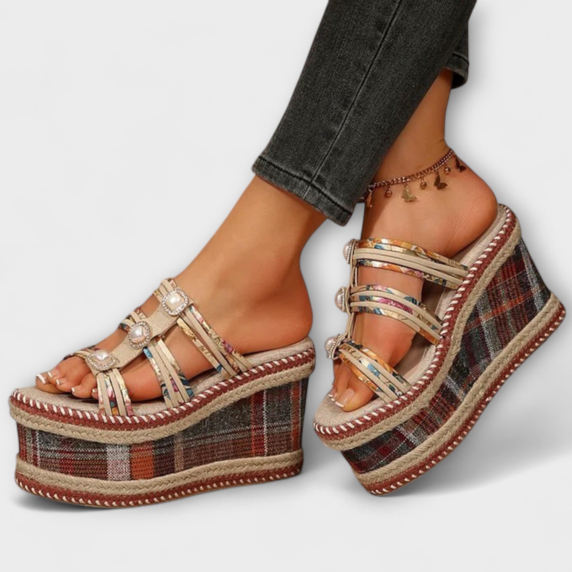 Maria - Ruitpatroon Ronde Neus Comfortabele Wedge Hakken
