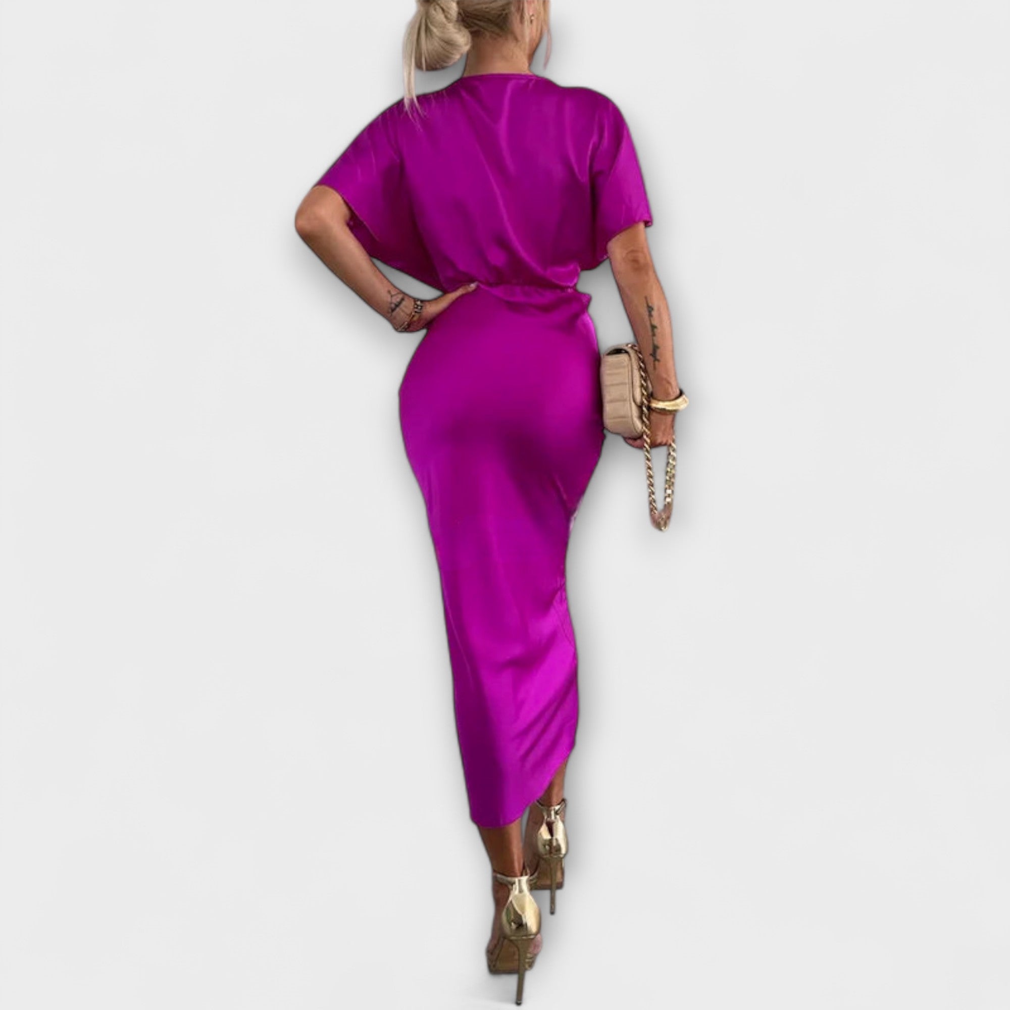 Sable - Solide Satin V-hals Knoop Slim Fit Maxi Jurk