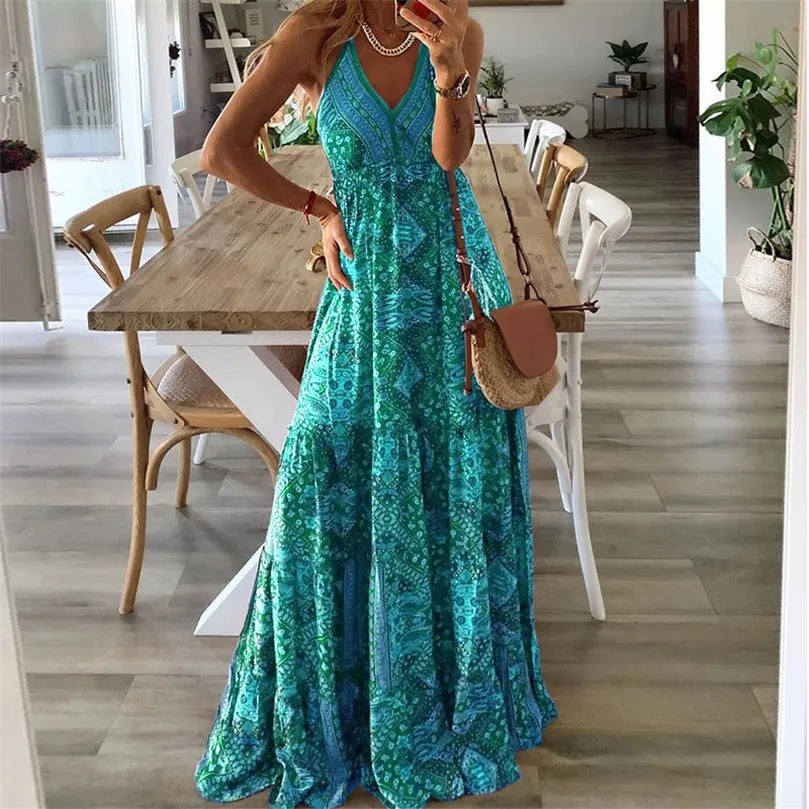 Wren - Boho Spaghetti Band V-Hals Maxi Jurk
