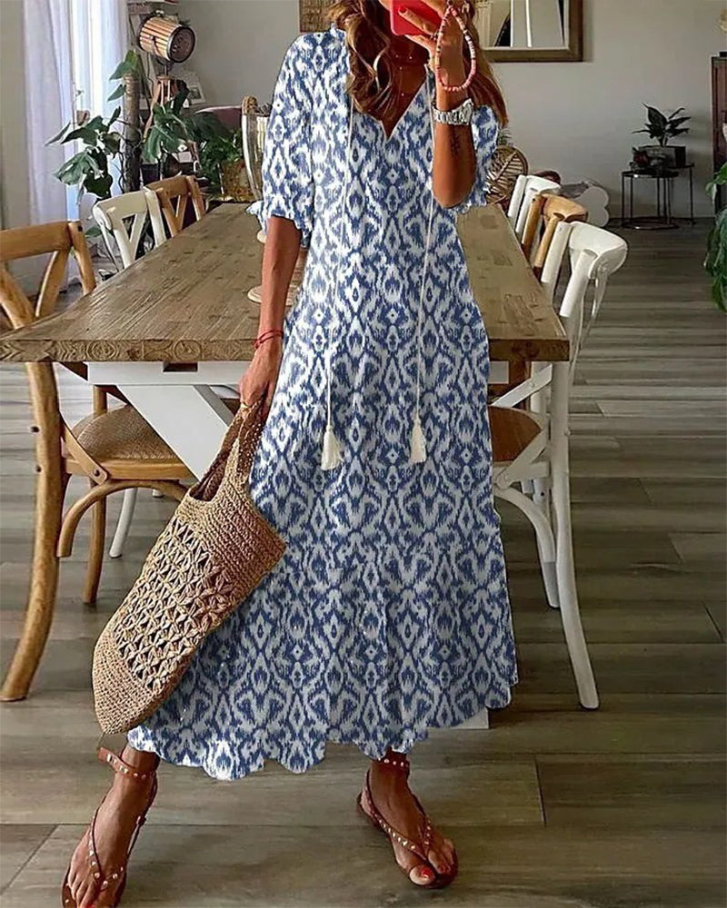 BARILA - V-Hals Geometrische Print Maxi Jurk