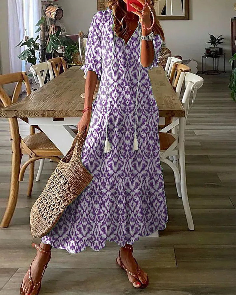 BARILA - V-Hals Geometrische Print Maxi Jurk