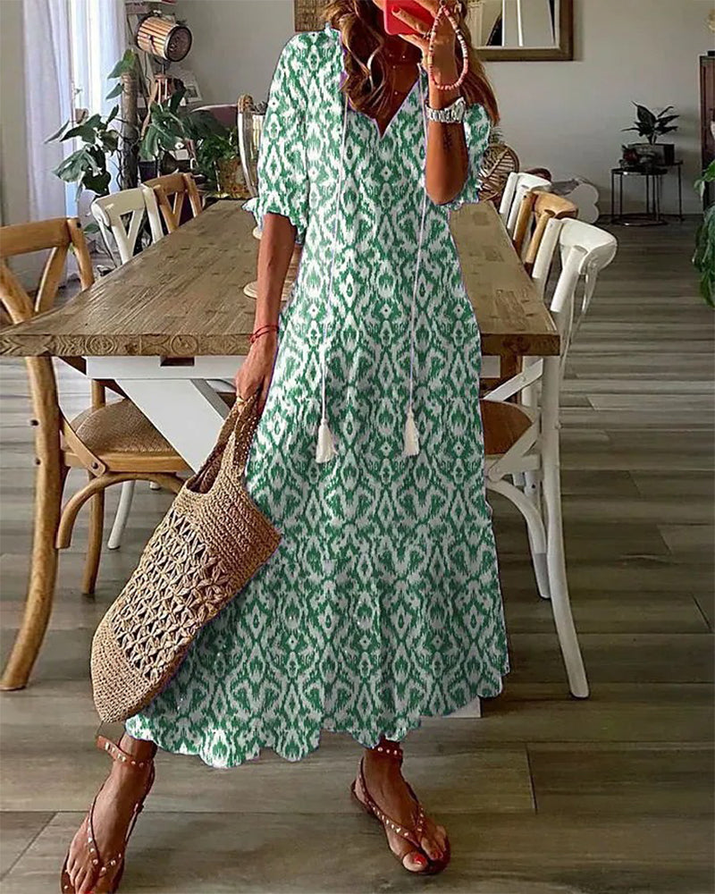 BARILA - V-Hals Geometrische Print Maxi Jurk