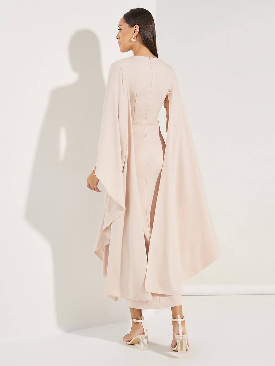 Rachel - Helroze Midi-jurk met V-hals en Chiffon-mouwen