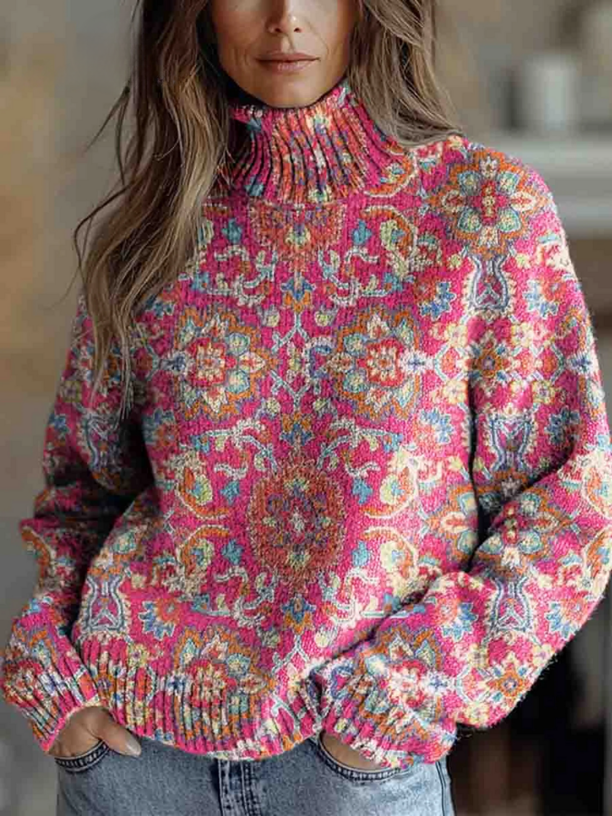 Nivellea | Retro Etnisk Blommig Turtleneck