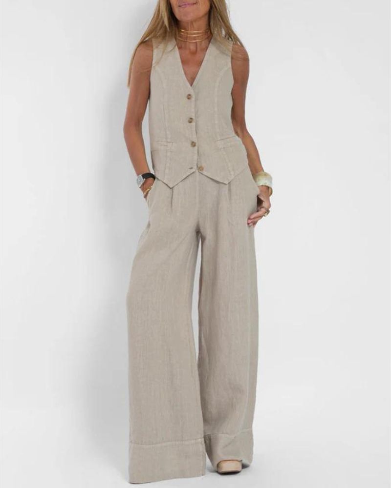 MELIA - Chic Mouwloos Set en Broek Met Wijde Pijpen