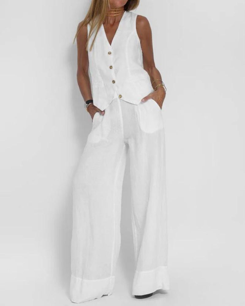 MELIA - Chic Mouwloos Set en Broek Met Wijde Pijpen