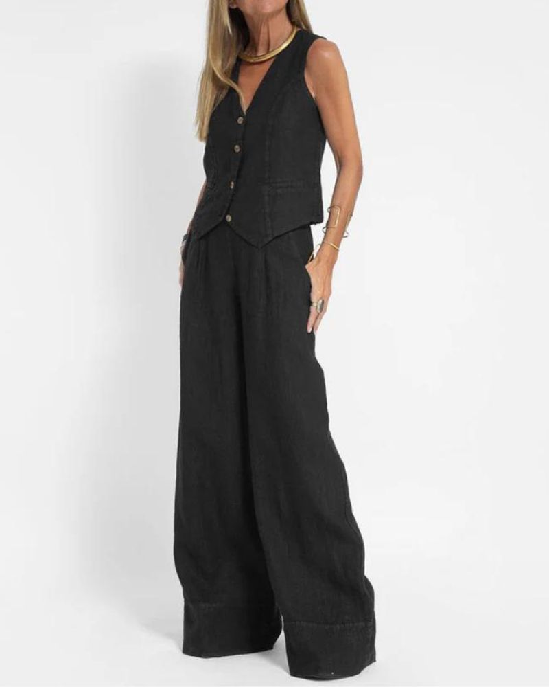 MELIA - Chic Mouwloos Set en Broek Met Wijde Pijpen