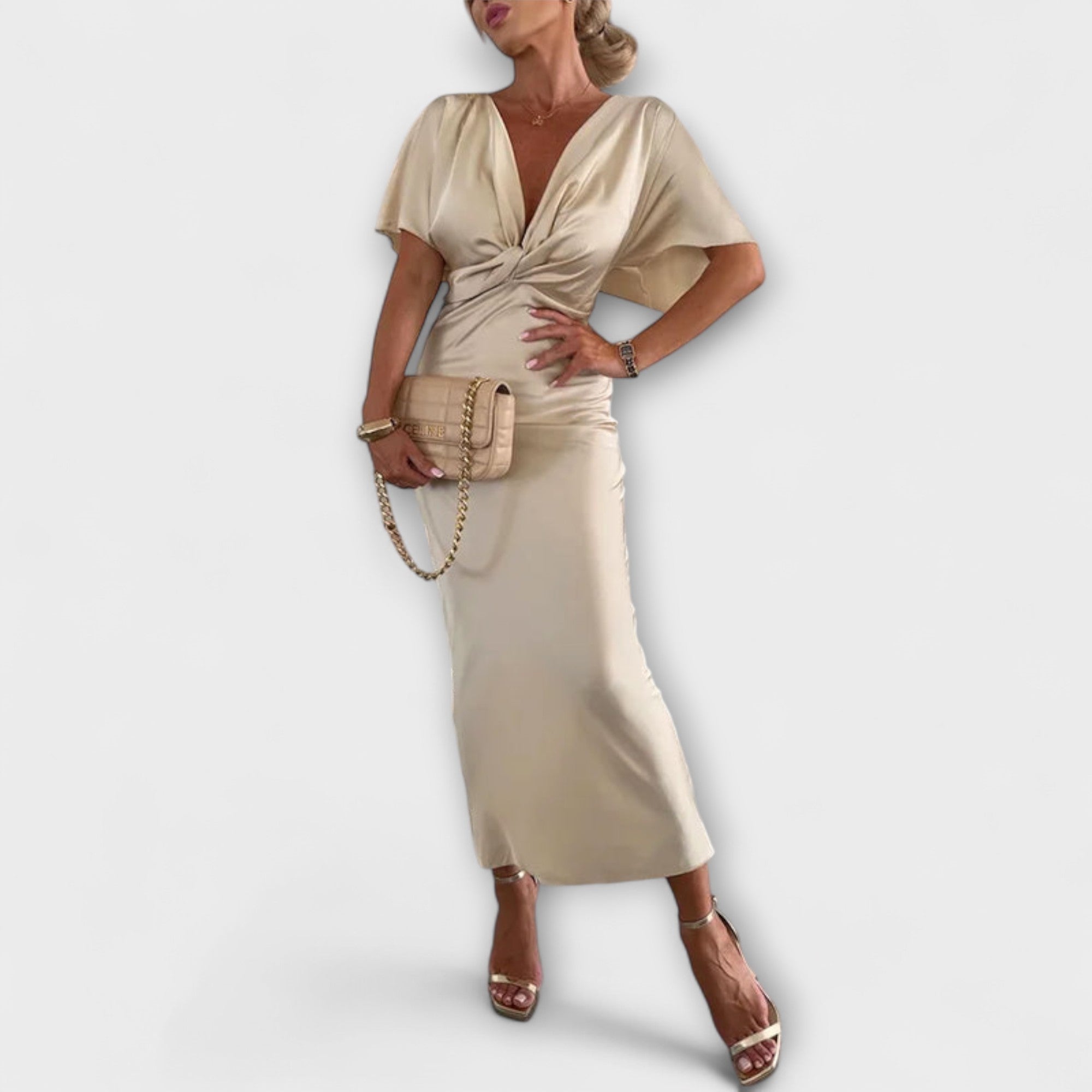 Sable - Solide Satin V-hals Knoop Slim Fit Maxi Jurk