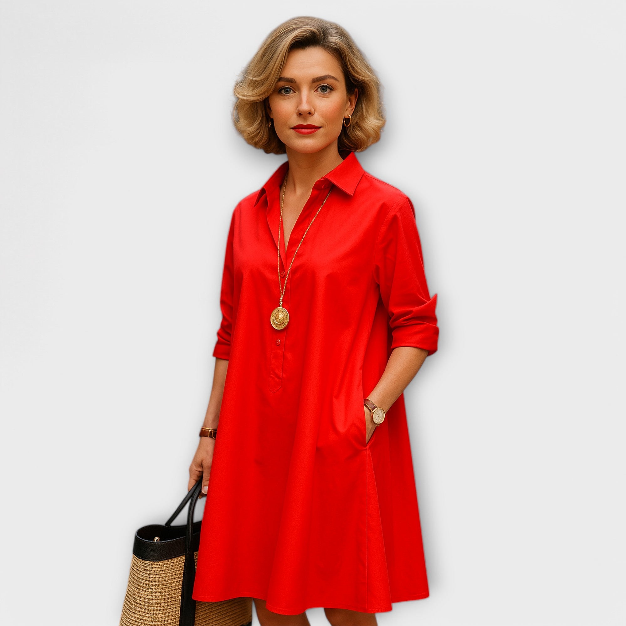Modern Hemdblusenkleed met Kraag en Driekwart Mouwen