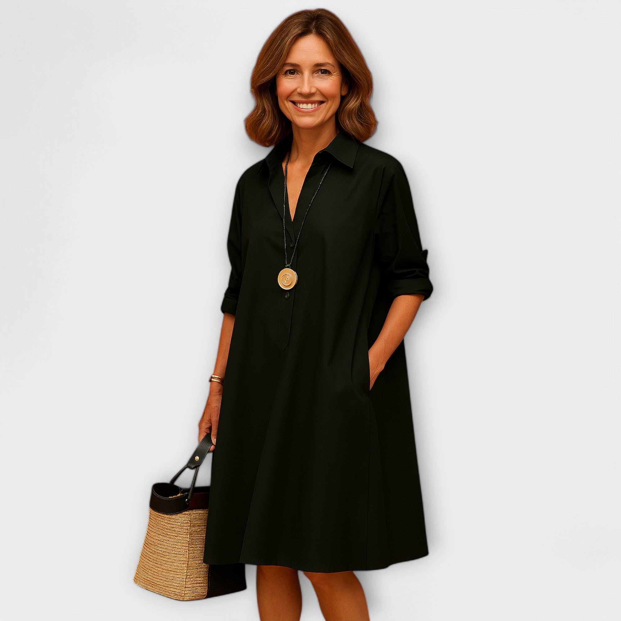 Modern Hemdblusenkleed met Kraag en Driekwart Mouwen