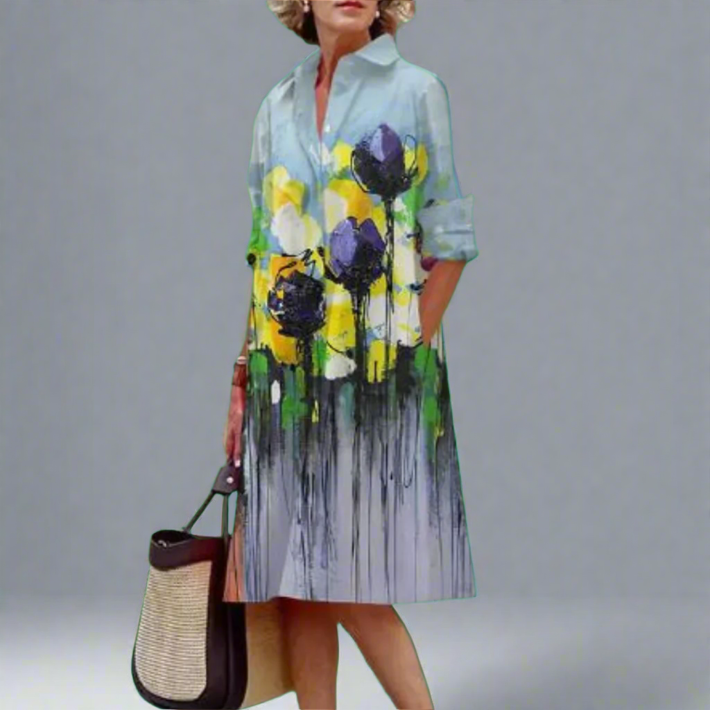 Monica | Vrouwen Crushed Floral Lange Mouw Lapel Midi Jurk