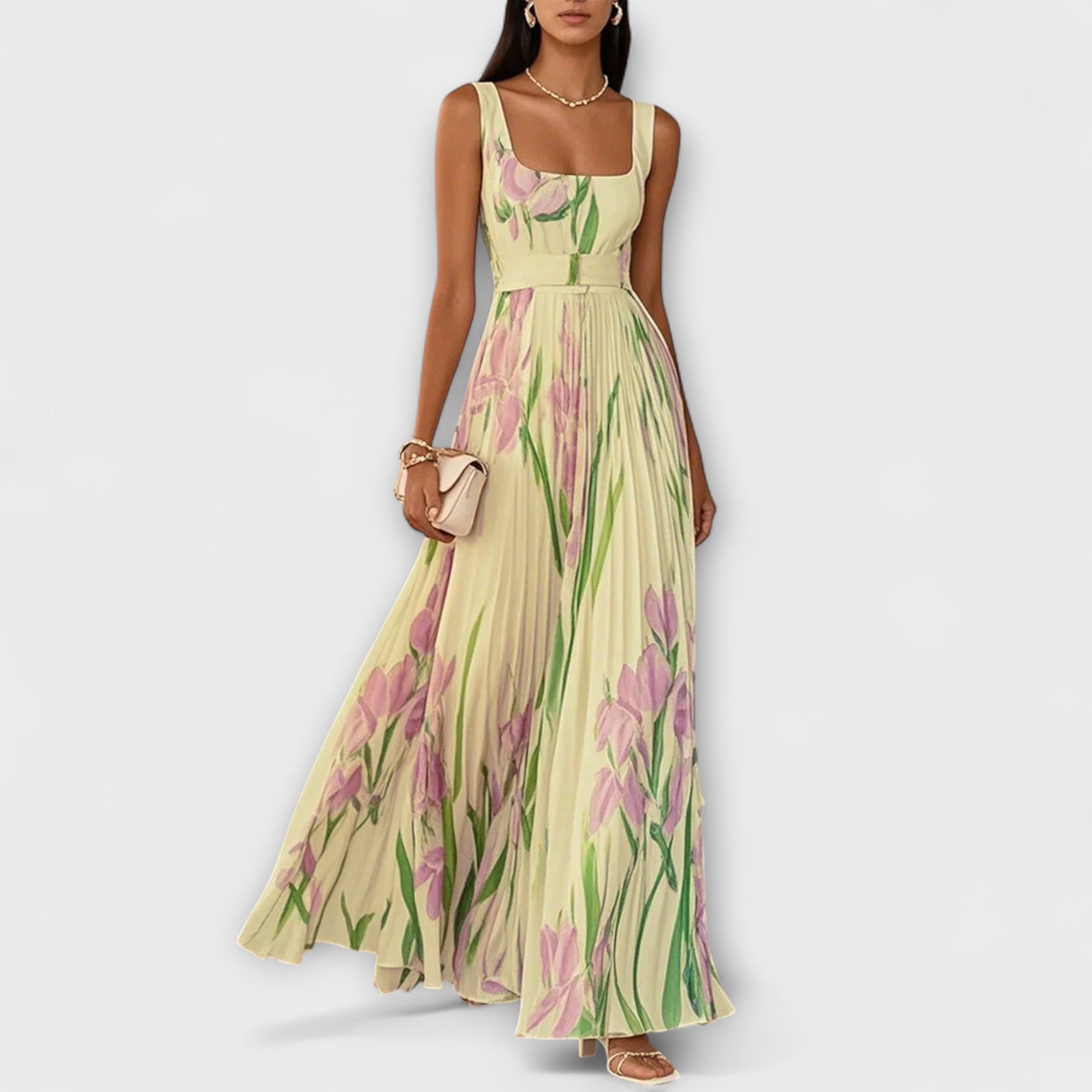 Gevouwen bloemen chiffon maxikleed