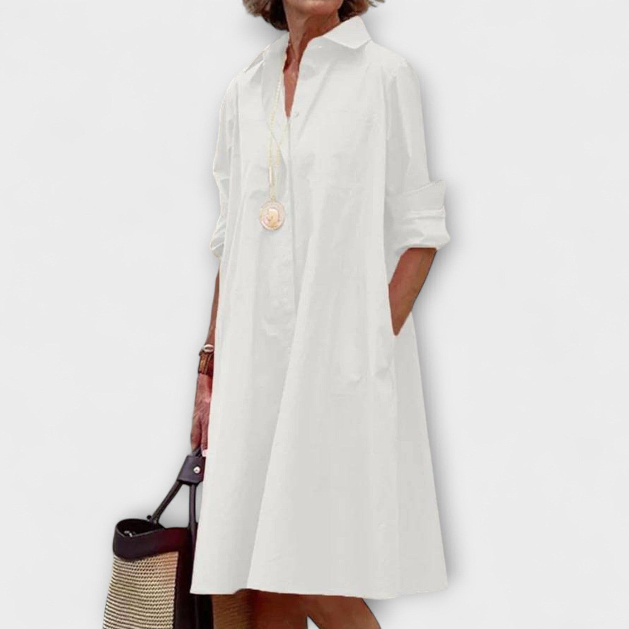 Modern Hemdblusenkleed met Kraag en Driekwart Mouwen