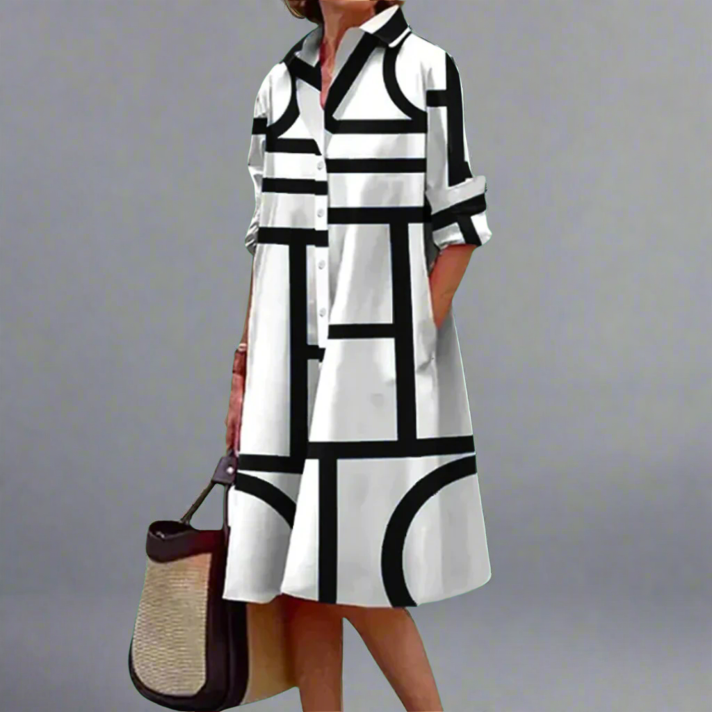 Susan | Elegante Geometrische Streep Midi Jurk