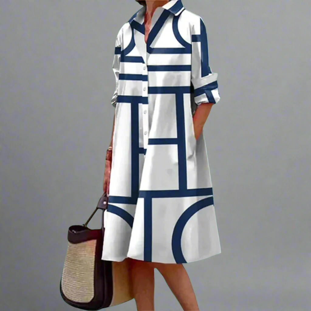 Angela | Stijlvolle Blauwe Geometrische Streep Midi Jurk