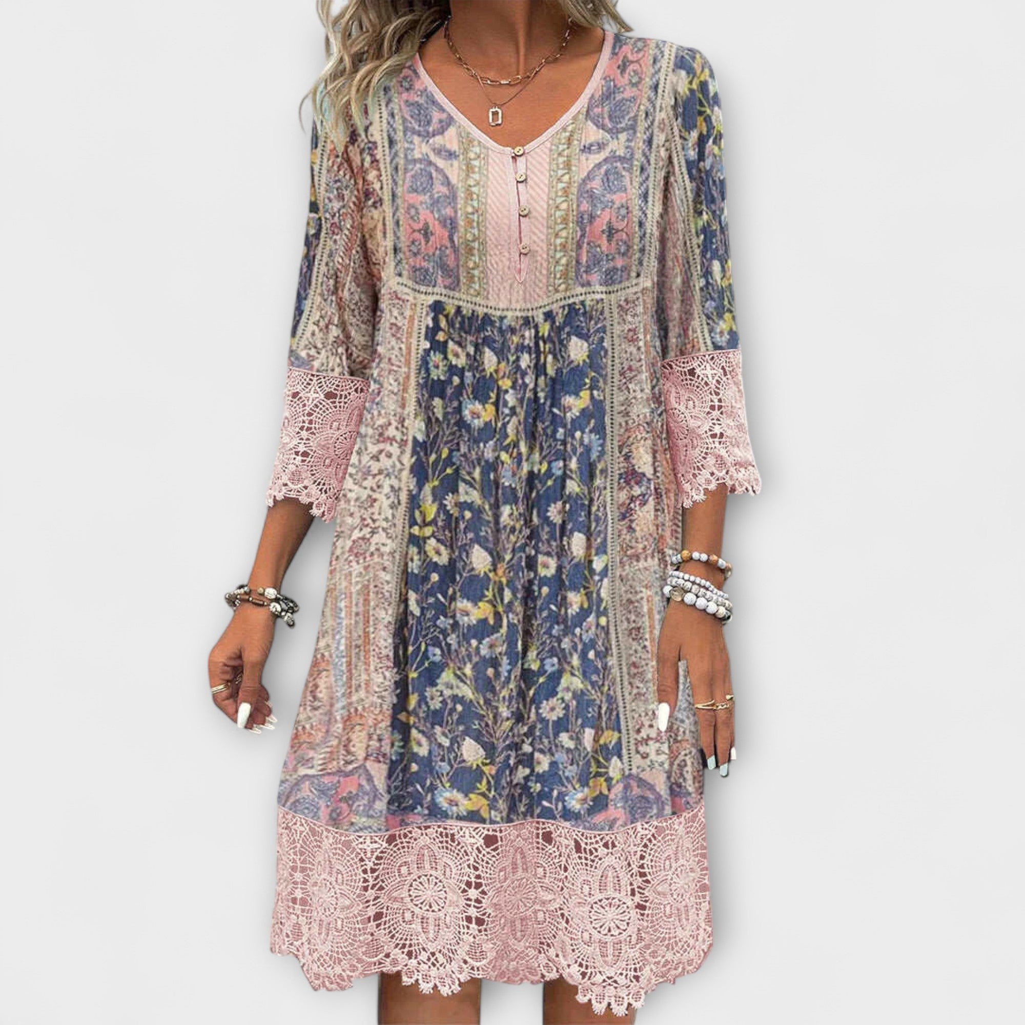 Casey - Boho-jurk met kant en vintage bloemenpatroon