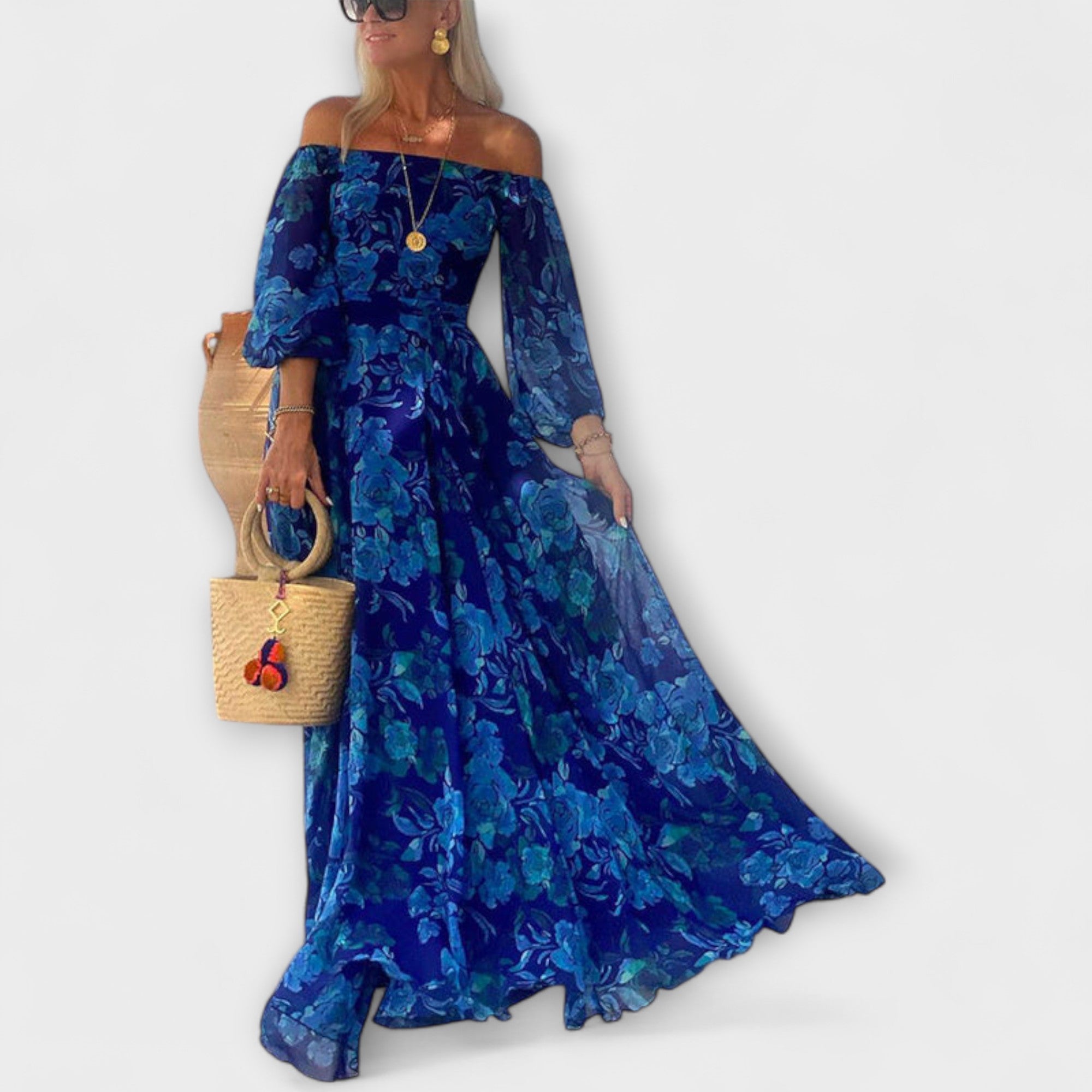 Juniper - Florale Off-Shoulder Smocked Maxikleed