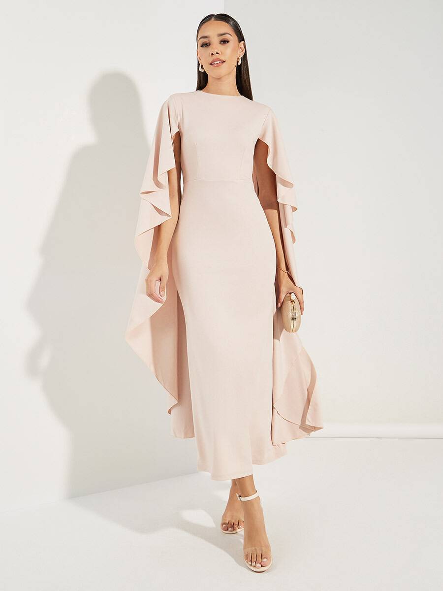 Rachel - Helroze Midi-jurk met V-hals en Chiffon-mouwen