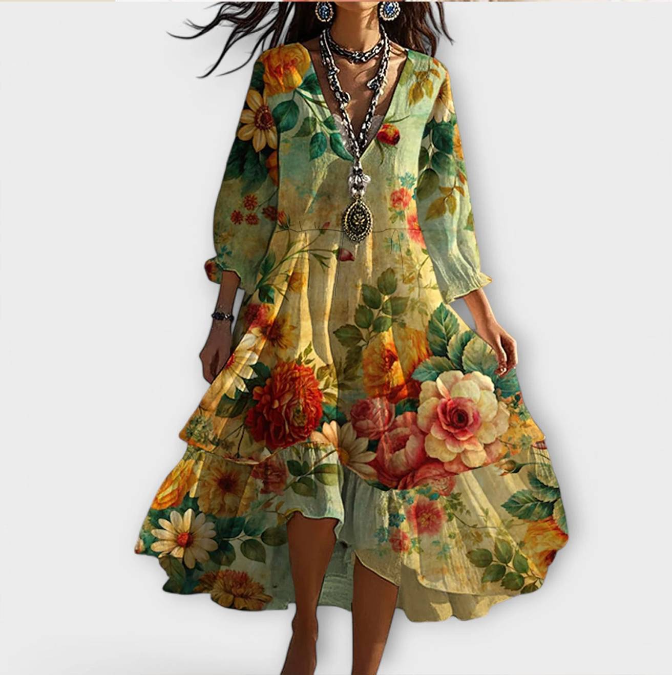 Marina - Vintage Boho Bloemenpatroon V-hals Jurk