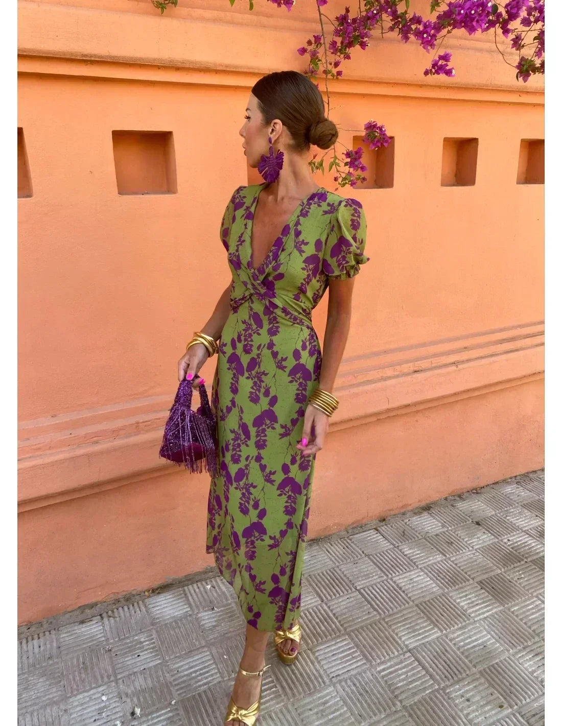 Lucinda - Boho V-Hals Bloemen Plissé Jurk