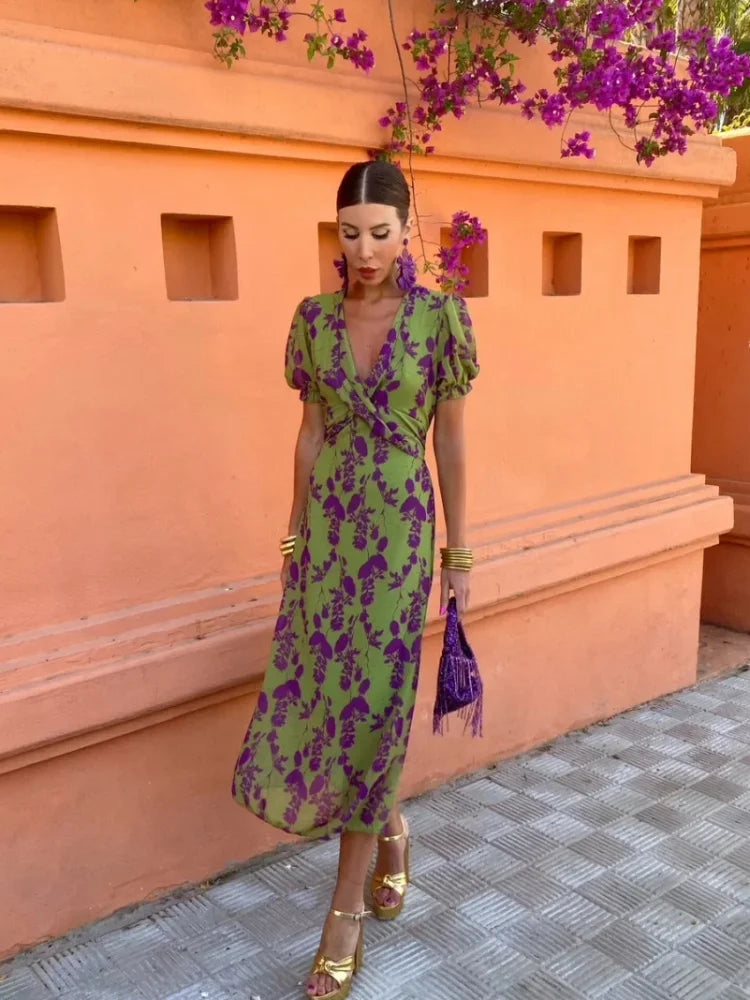 Lucinda - Boho V-Hals Bloemen Plissé Jurk