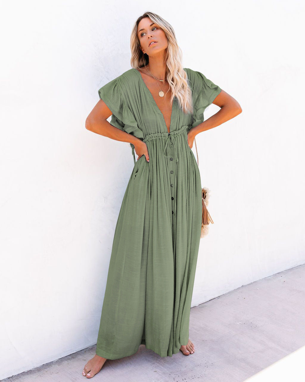 Audra - Boho V-Hals Kimono Strand Cover-Up Jurk