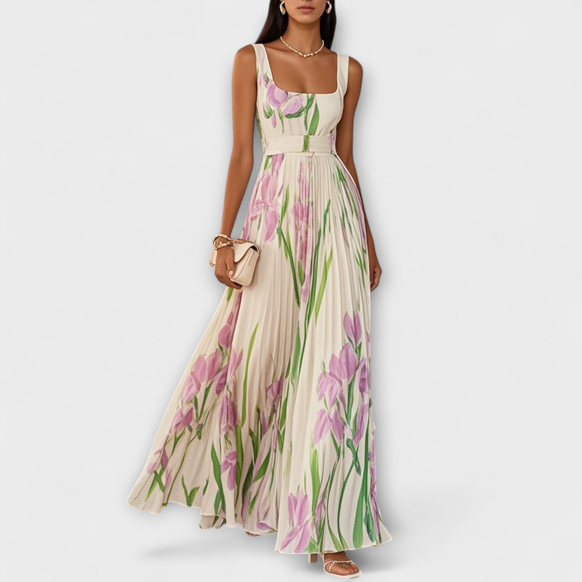 Gevouwen bloemen chiffon maxikleed