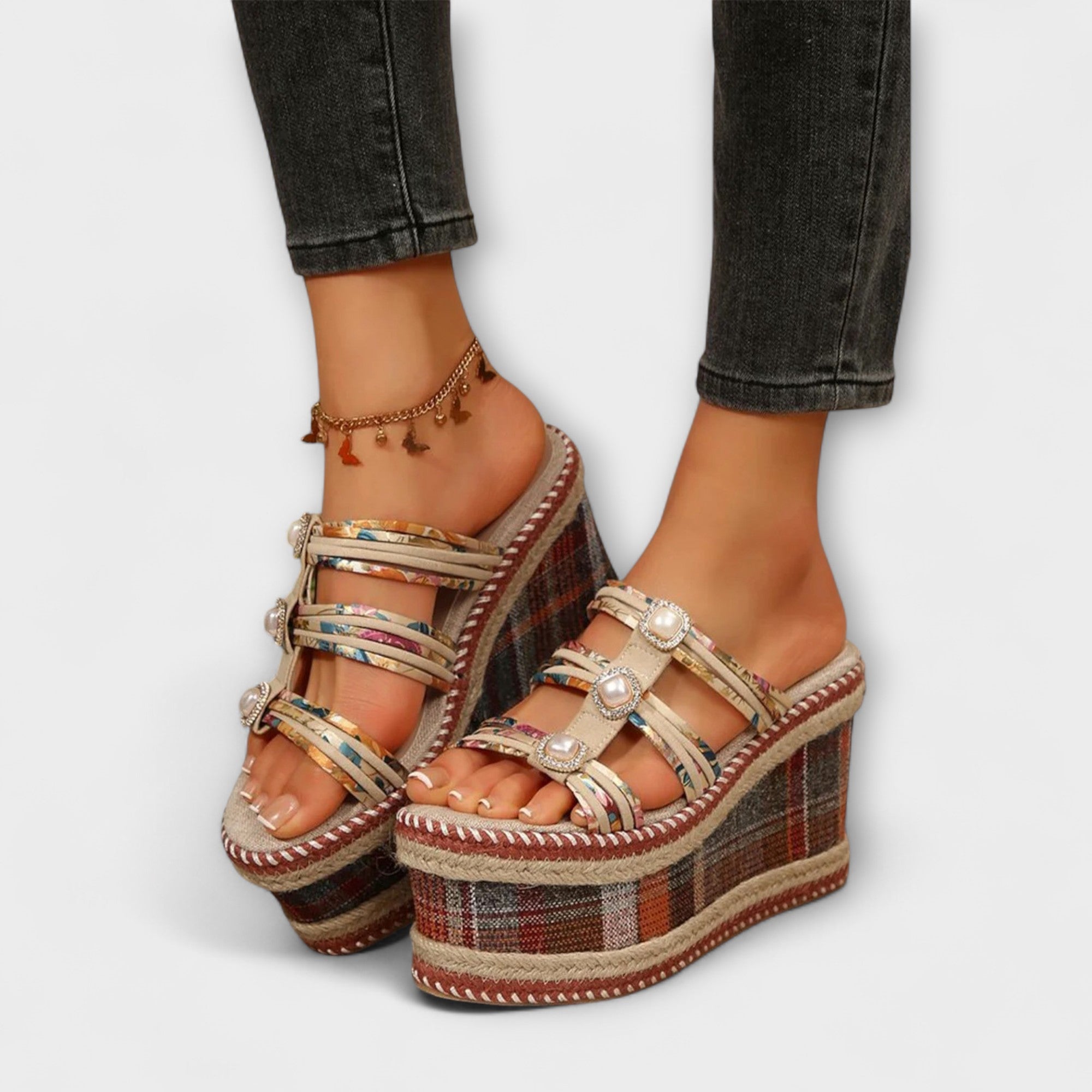 Maria - Ruitpatroon Ronde Neus Comfortabele Wedge Hakken