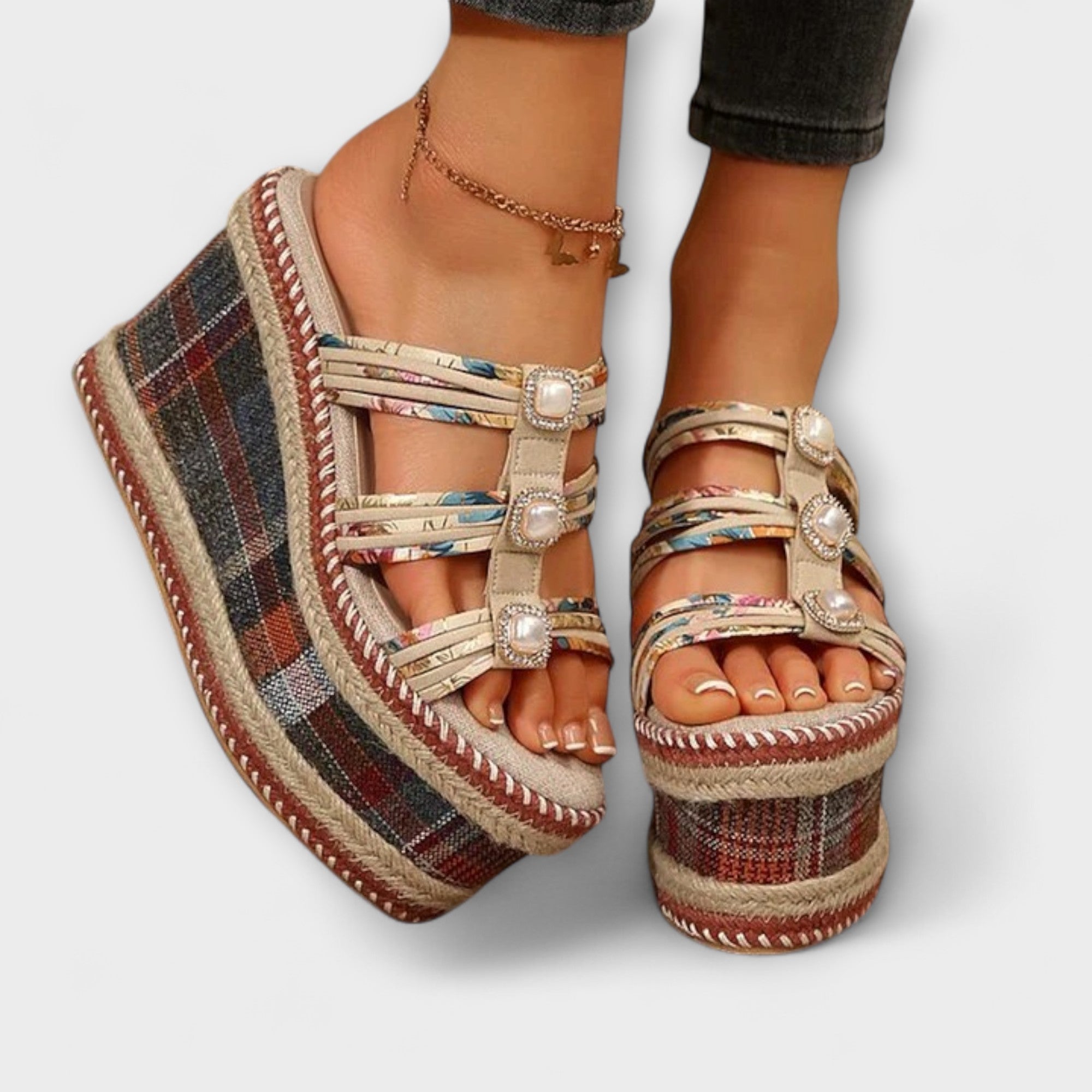 Maria - Ruitpatroon Ronde Neus Comfortabele Wedge Hakken