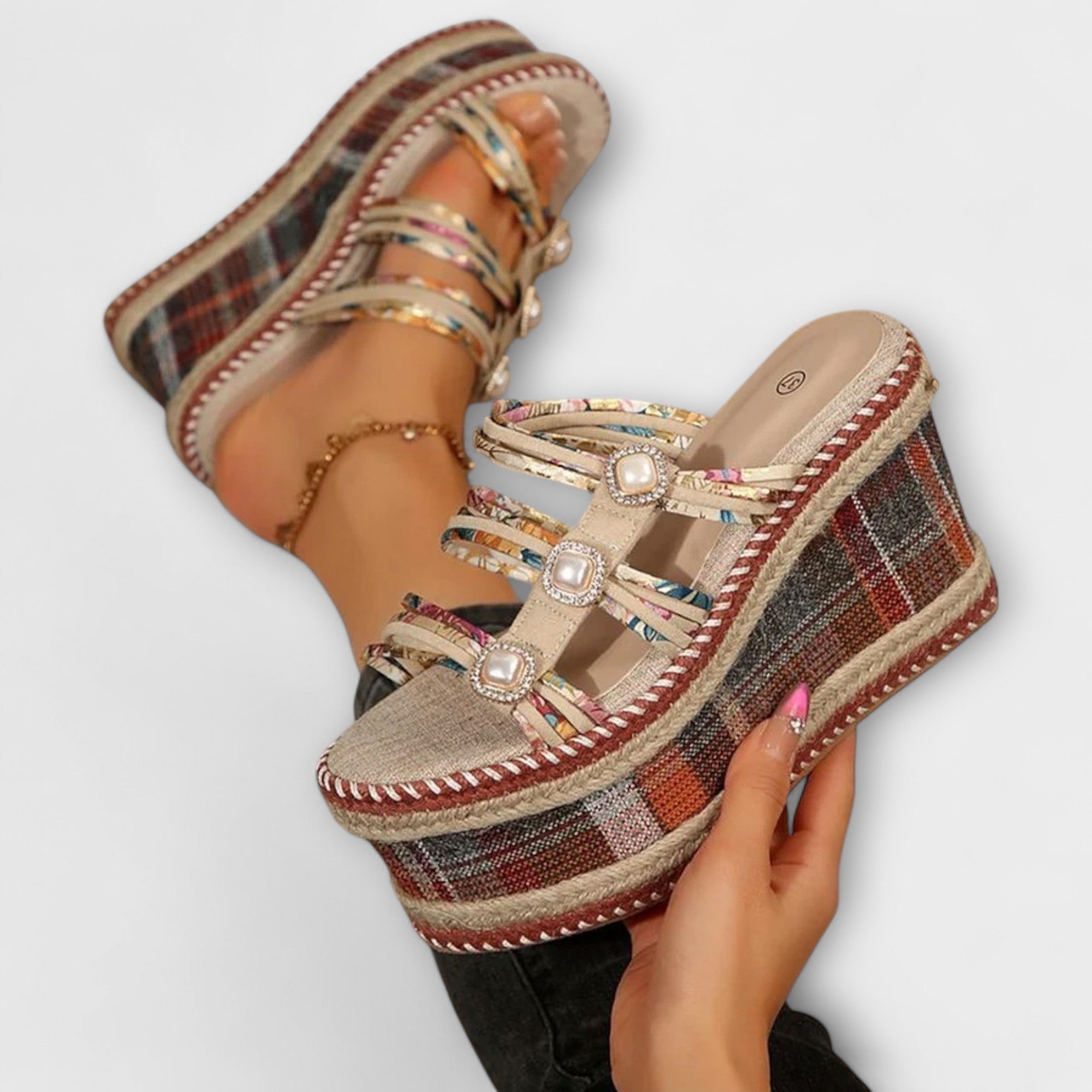 Maria - Ruitpatroon Ronde Neus Comfortabele Wedge Hakken