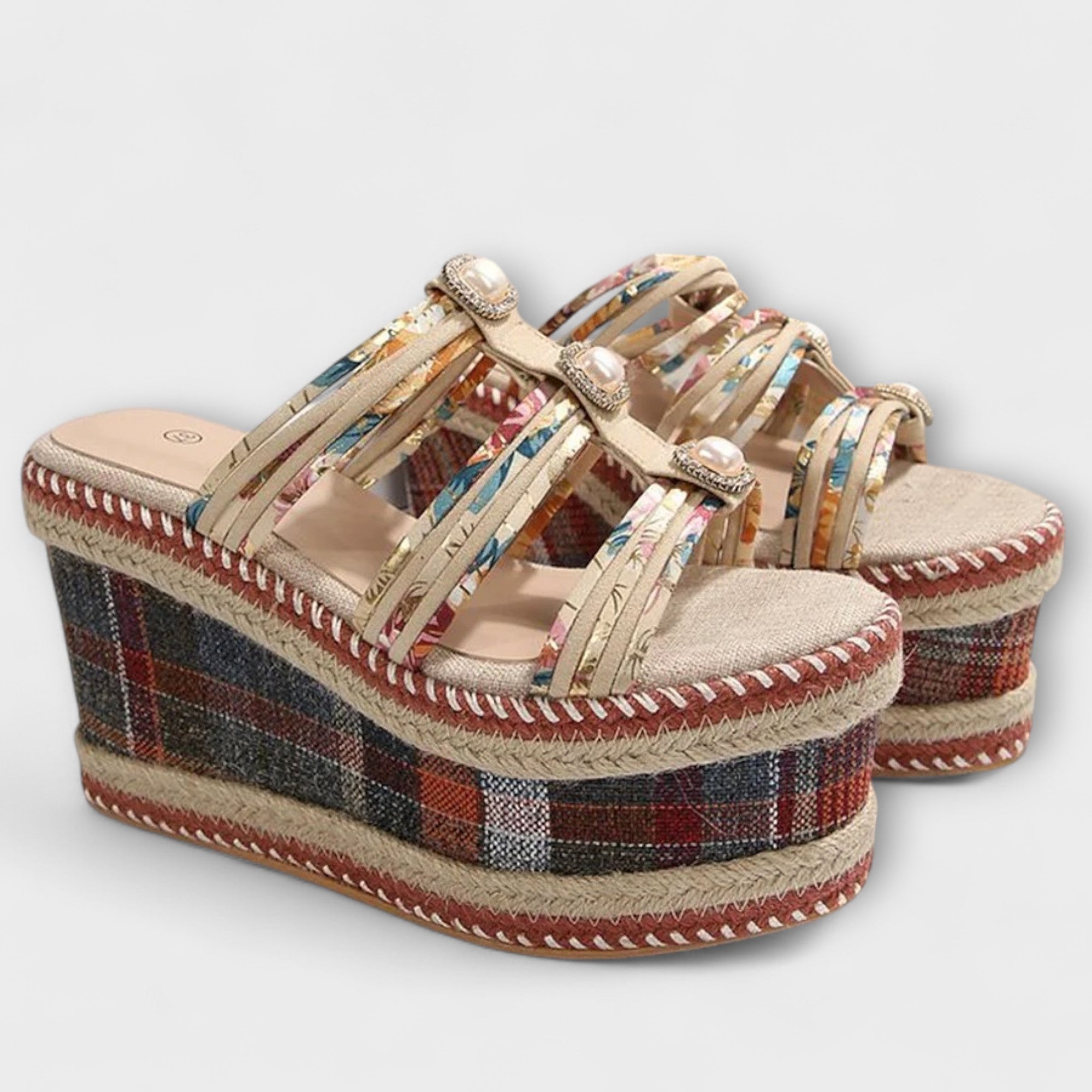 Maria - Ruitpatroon Ronde Neus Comfortabele Wedge Hakken