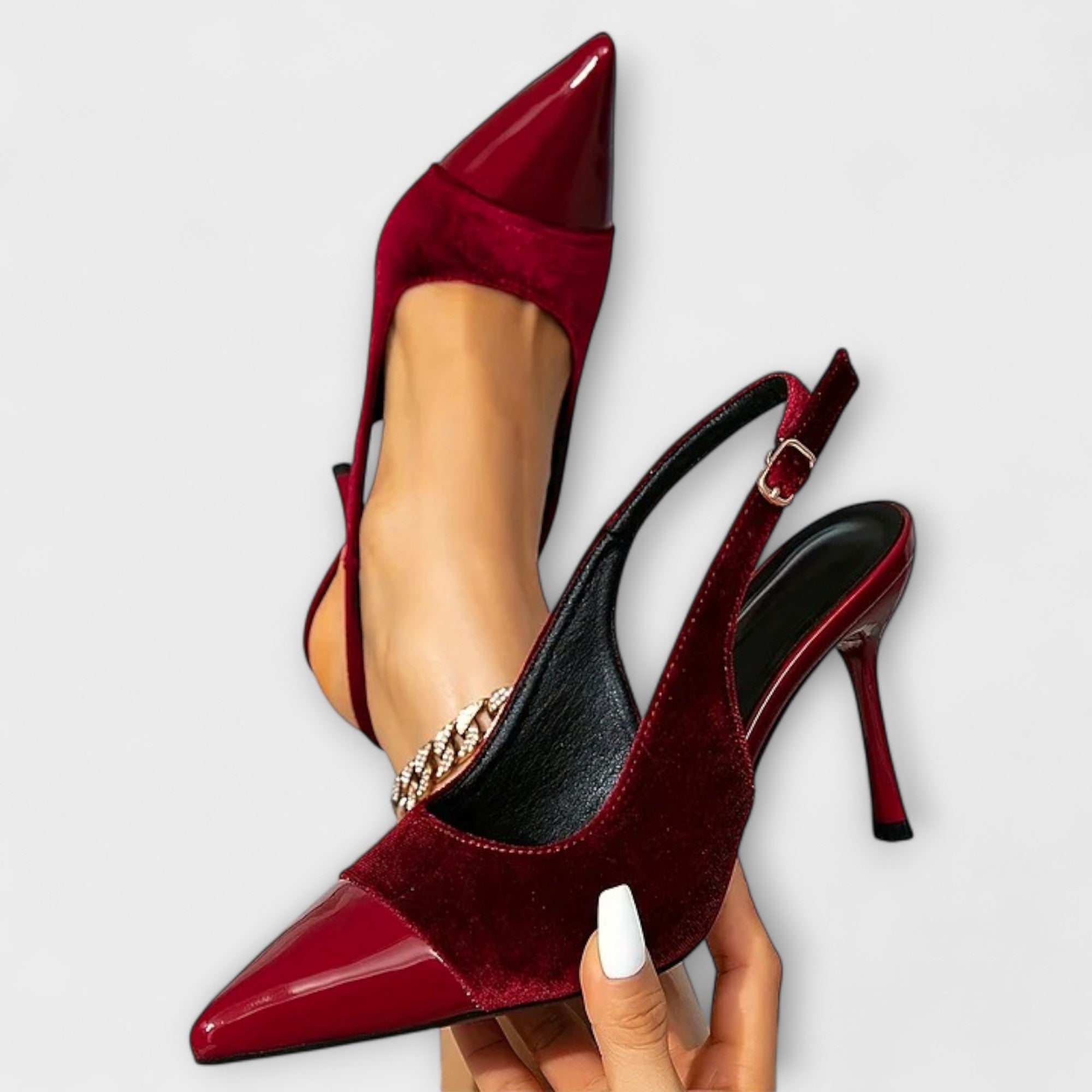 Kathleen - Spitzen Velours-Patchwork-Slingback-Stiletto-Hakken