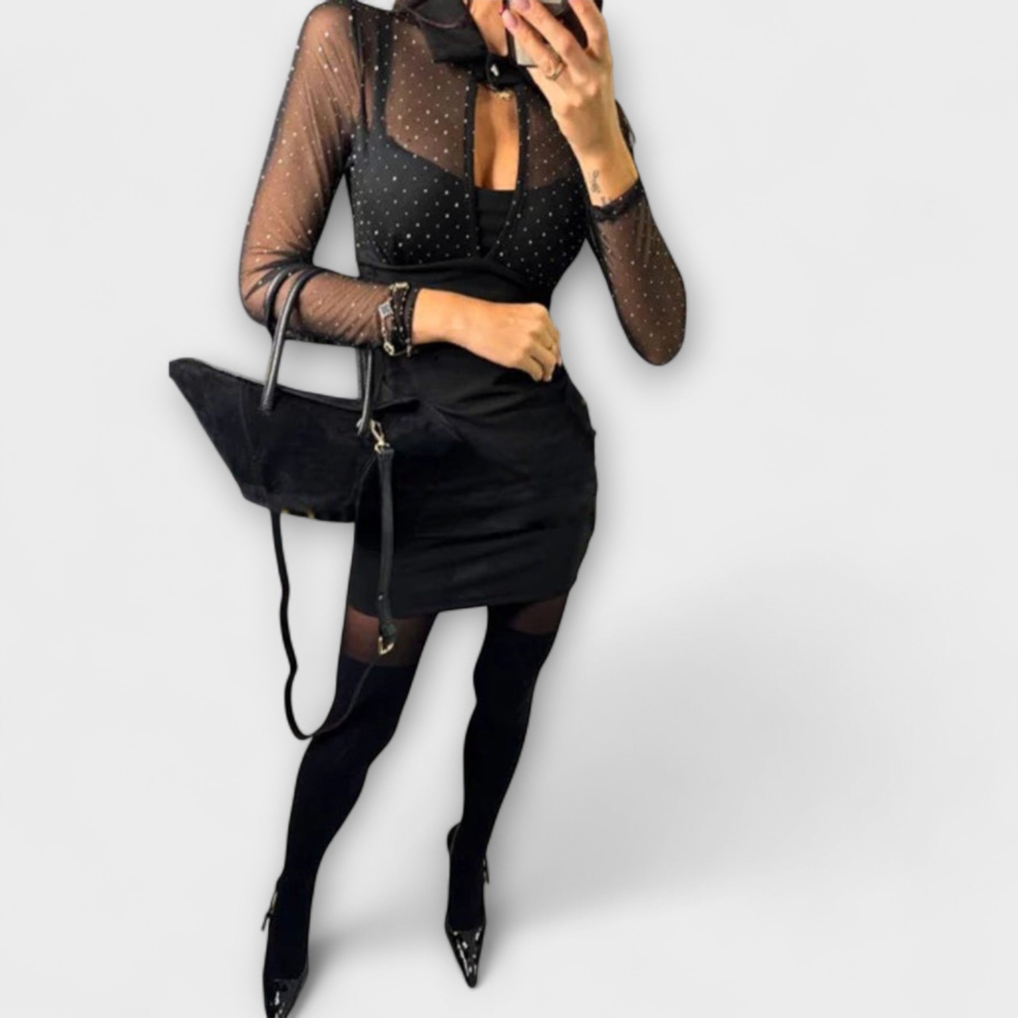 Stevie - Minikleed met net-glitterdecolleté en stretchstof